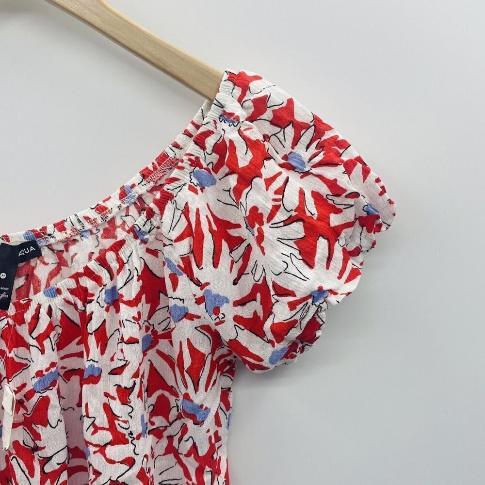 Aqua Womens Size Medium Floral Print Off the Shoulder Blouse in Red White 2101 - Picture 3 of 6